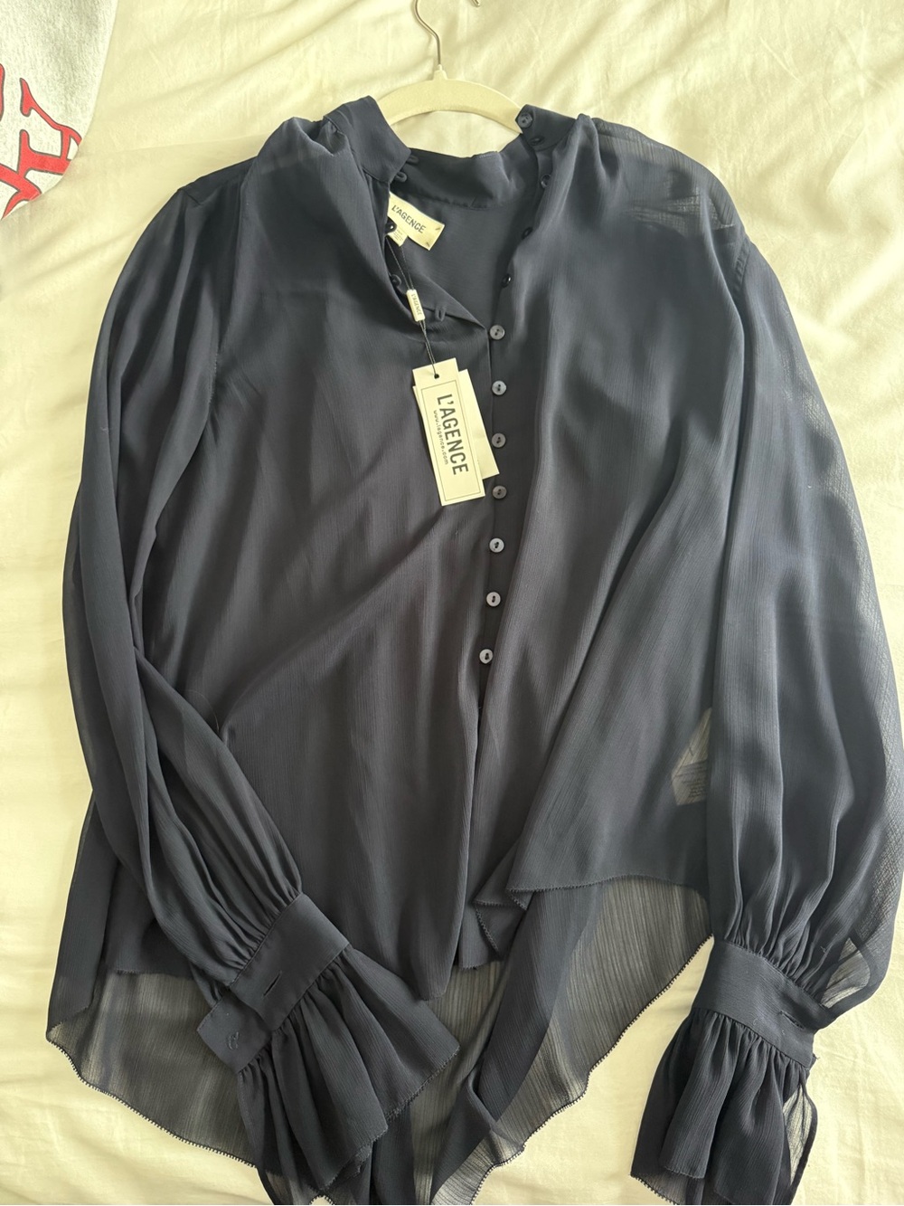 L'AGENCE Navy Sheer Ruffle-Cuff Button Blouse